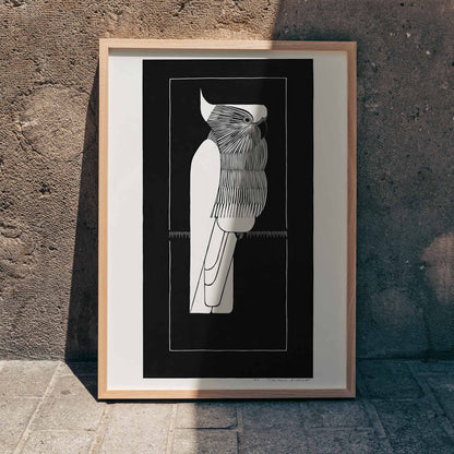 Black and white sulphur crested cockatoo fine art print and stylized poster by Samuel Jessurun de Mesquita, framed and displayed in home decor