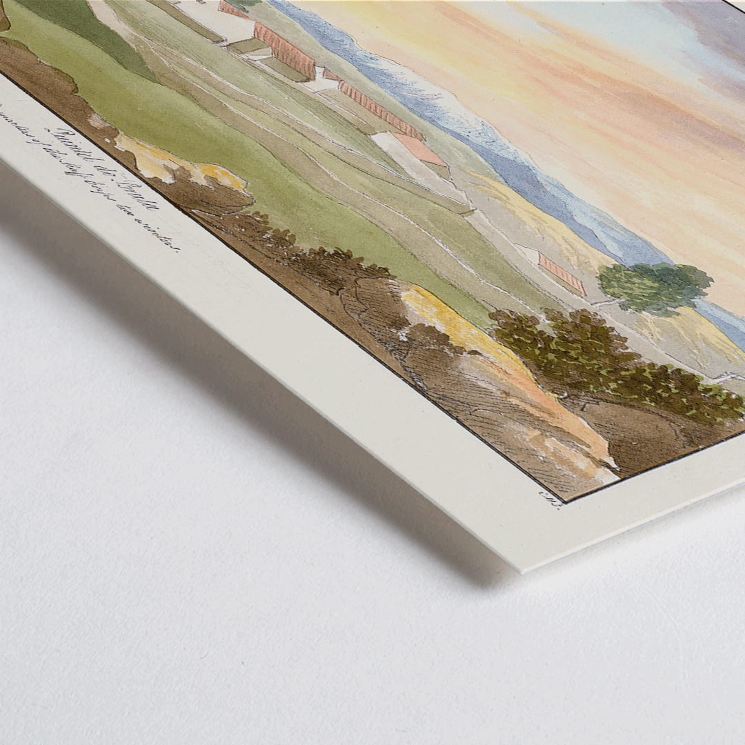 Closeup detail of Serene landscape of rural buildings at sunset in Quintel do Brula by Charles Hamilton Smith with houses trees mountains and colorful sky poster