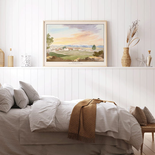 Serene landscape of rural buildings at sunset in Quintel do Brula by Charles Hamilton Smith with houses trees mountains and colorful sky poster, framed and displayed in home decor