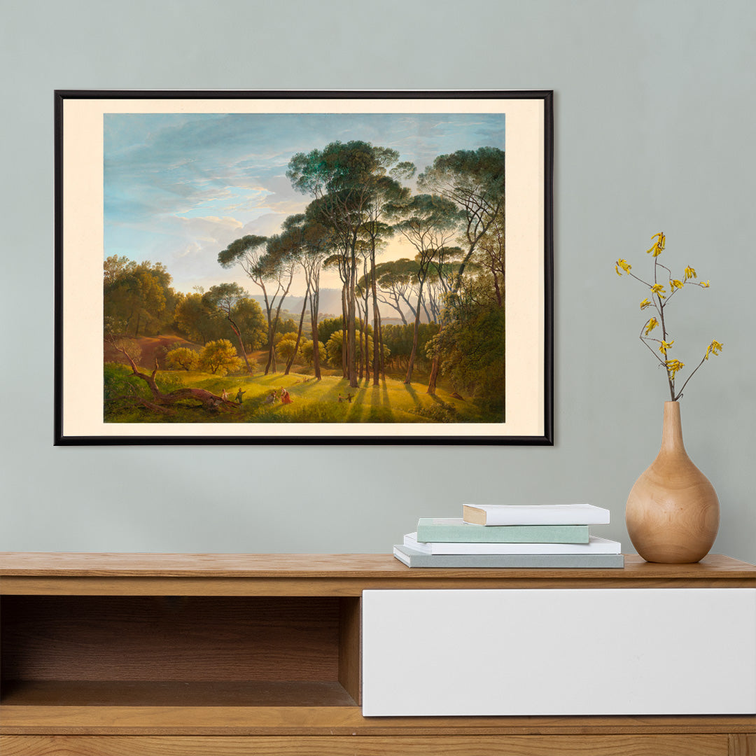 Italian landscape with umbrella pines and distant hills by Hendrik Voogd poster scenic countryside art, framed and displayed in home decor