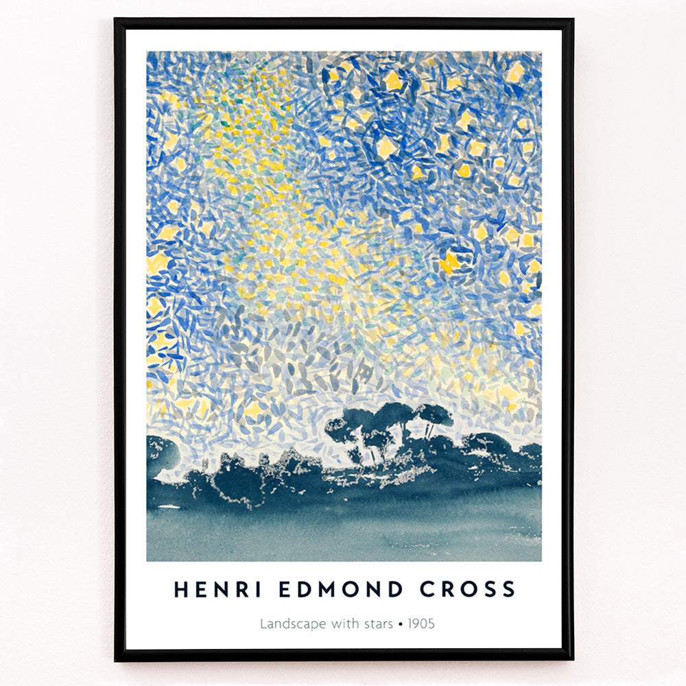 Closeup detail of Landscape with Stars by Henri Edmond Cross colorful night sky painting and poster featuring blue and yellow star filled sky above dark landscape