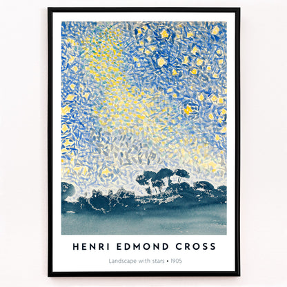 Closeup detail of Landscape with Stars by Henri Edmond Cross colorful night sky painting and poster featuring blue and yellow star filled sky above dark landscape
