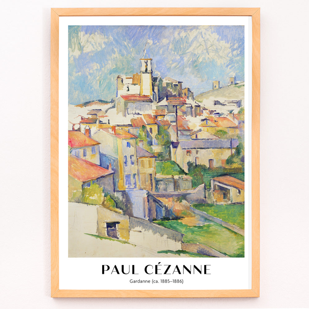 Closeup detail of Colorful village landscape painting and poster of Gardanne by Paul Cézanne featuring red roofed houses and bright sky