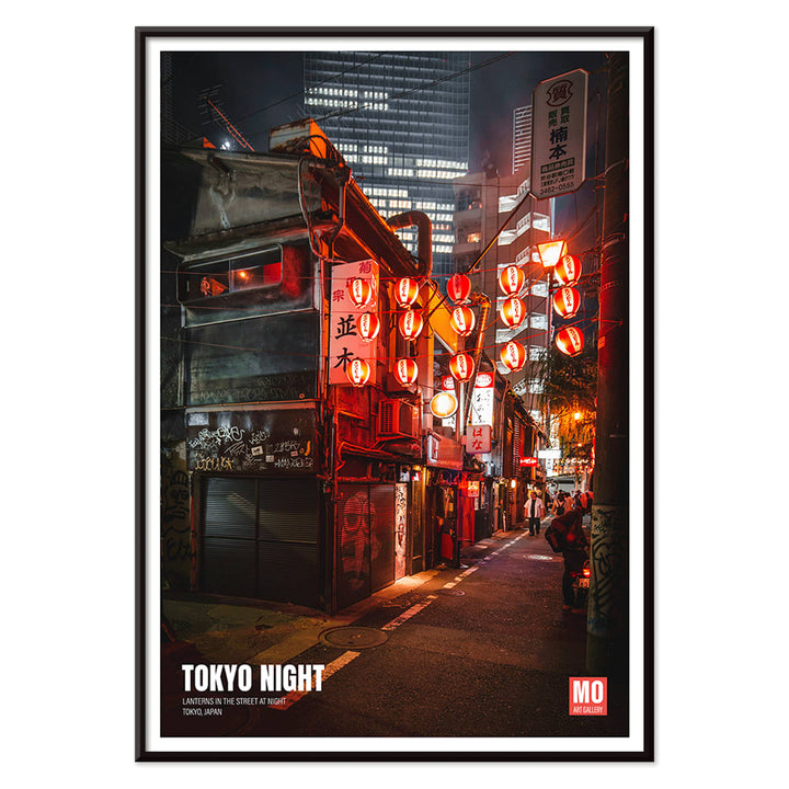 Vibrant Tokyo street at night with illuminated lanterns artwork titled Tokyo Night by Mo Art Gallery, with black aluminium frame on white background