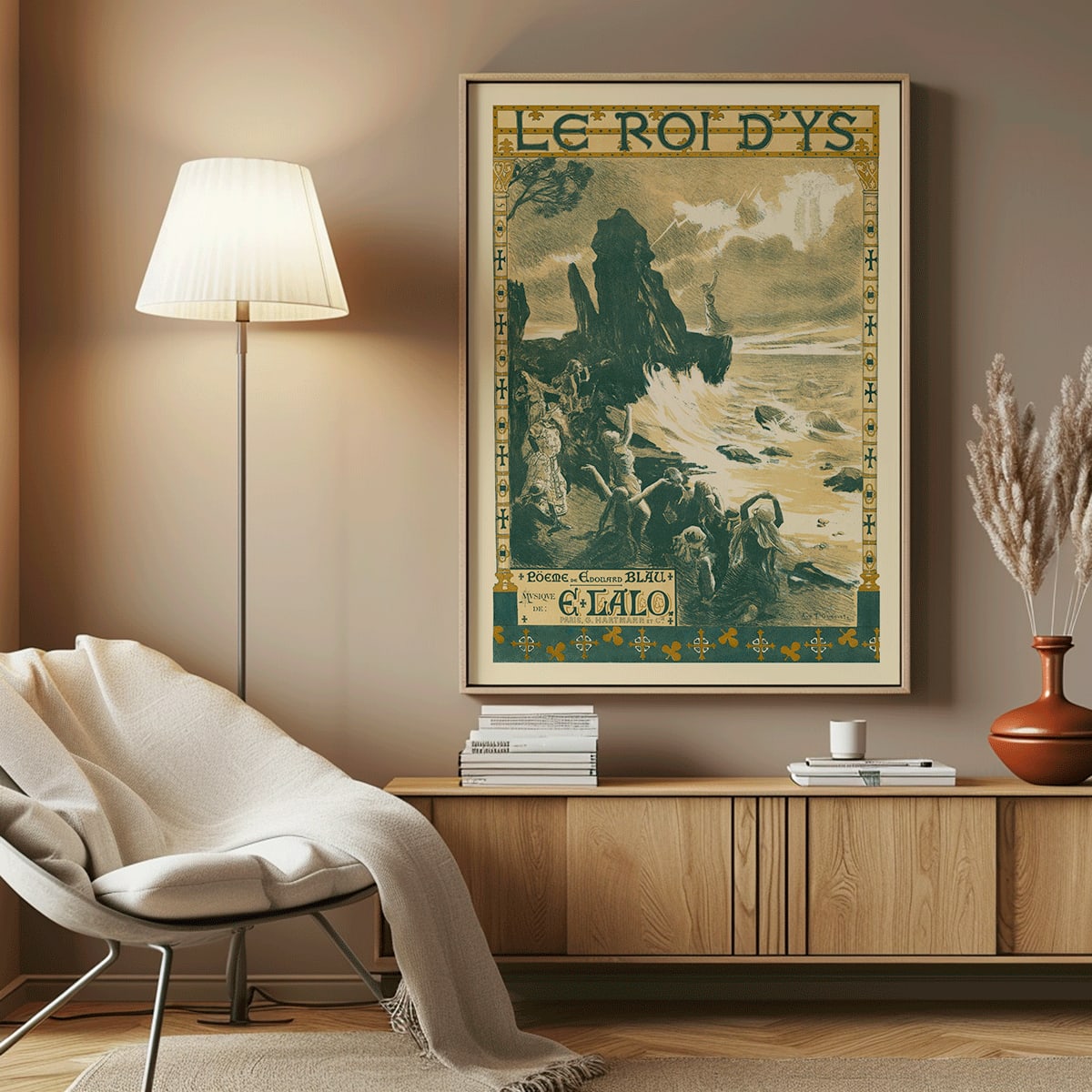 Poster of Edouard Lalo Le roi d Ys by Auguste Francois Marie Gorguet showing a dramatic seaside scene with stormy seas and people along the rocky shore, framed and displayed in home decor