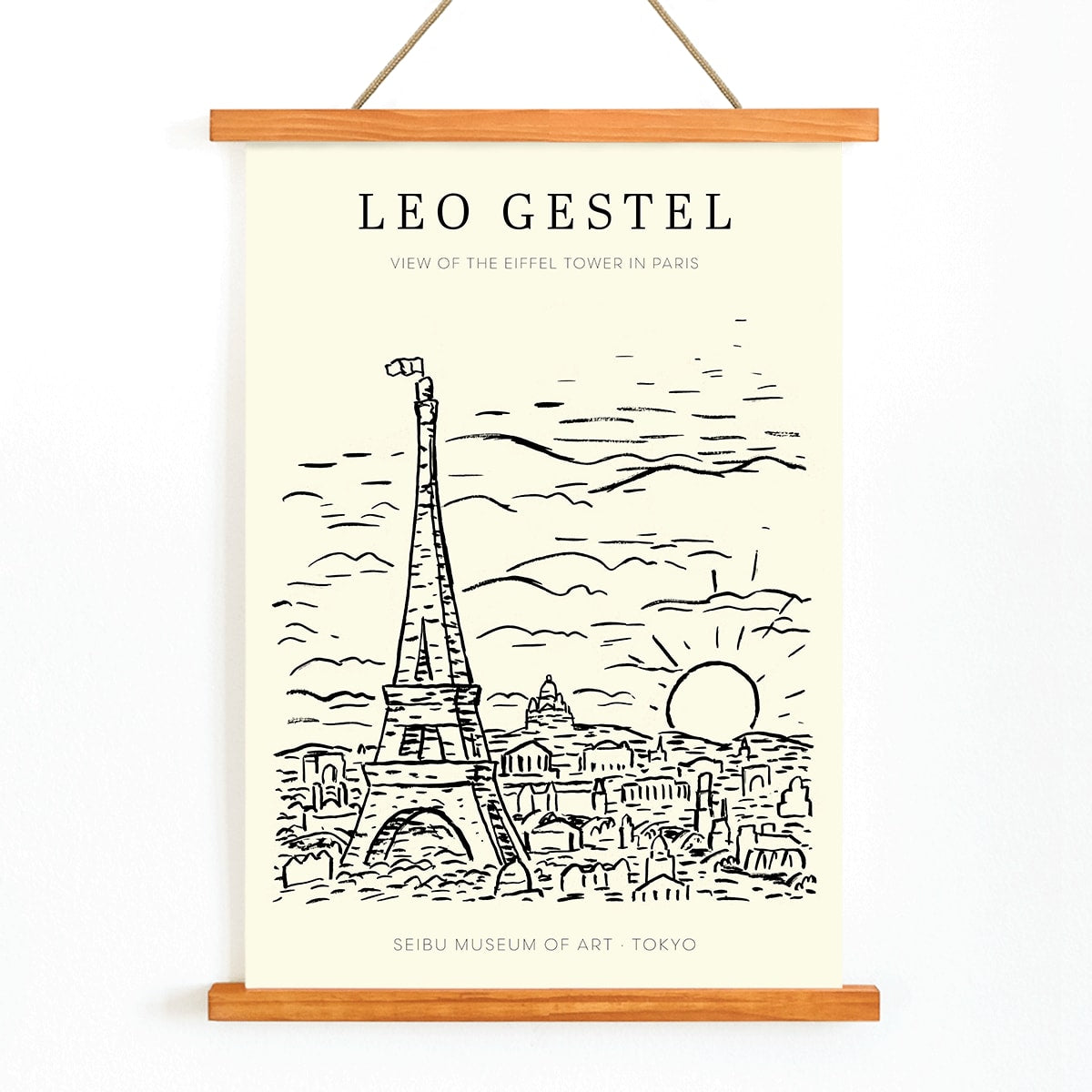 Artwork by Leo Gestel View of the Eiffel Tower in Paris sketch of Eiffel Tower and cityscape poster, with wooden magnetic frame on white background