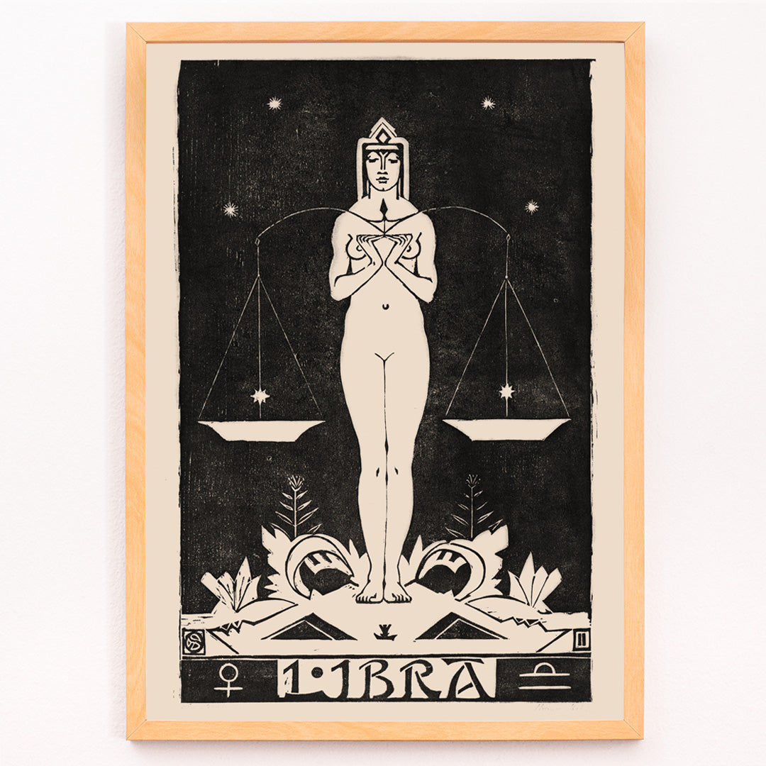 Closeup detail of Art Nouveau Libra zodiac sign illustration by Henri van der Stok featuring a woman holding balanced scales and stars