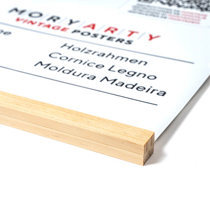 Light pine magnetic wood frame with two solid wood bars and rope for hanging, displaying a poster on a wall in a modern, minimalist style, front corner closeup picture