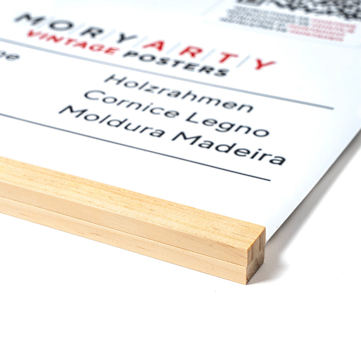 Light pine magnetic wood frame with two solid wood bars and rope for hanging, displaying a poster on a wall in a modern, minimalist style, front corner closeup picture