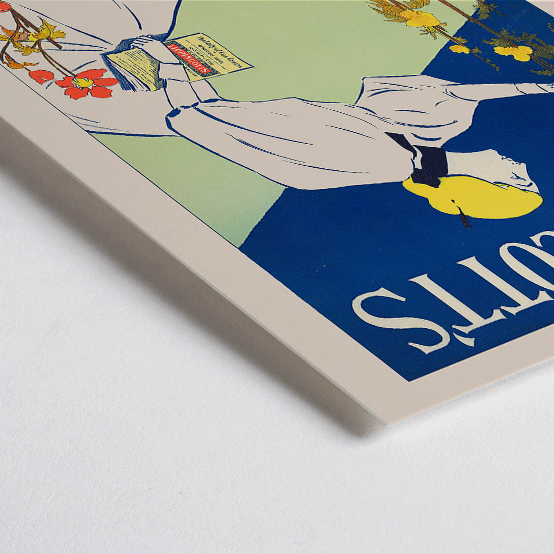 Closeup detail of Woman in white dress picking flowers holding a book for Lippincotts May by William Carqueville illustration and poster