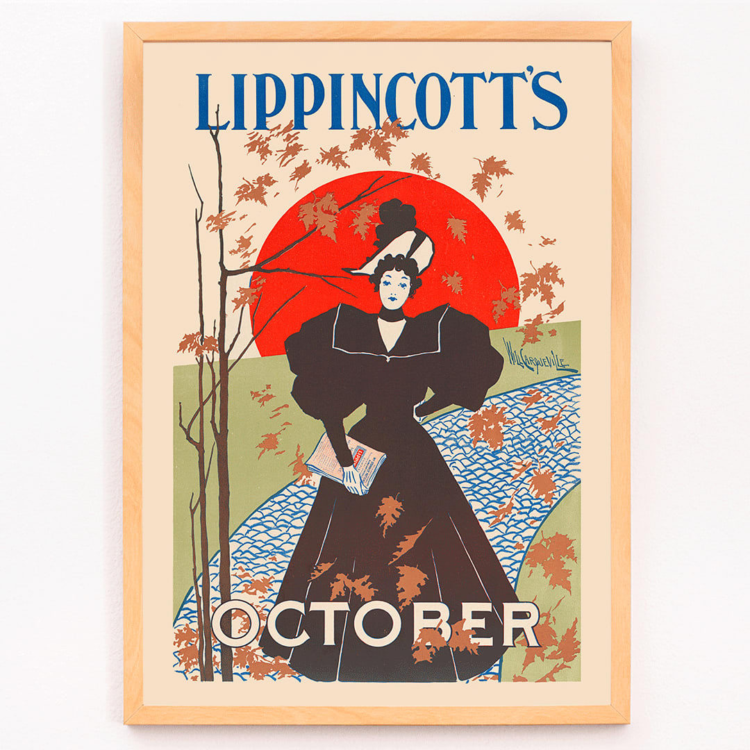 Lippincotts October poster by William Carqueville featuring an elegant woman in a black dress holding a book with autumn leaves, framed and displayed in modern living room decor