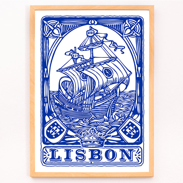 Blue painted azulejo tile artwork by Lisbon Azulejo featuring a ship and the word Lisbon Blue painted tile 1 poster, framed and displayed in modern living room decor