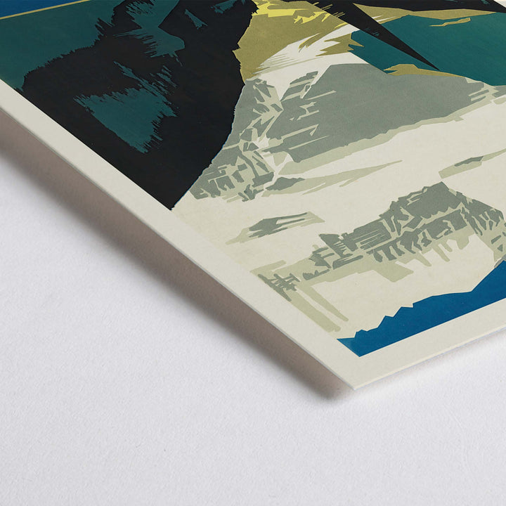 Closeup detail of Lovely Lake Louise Canadian Pacific poster with snowy Canadian Rockies, pine trees and blue alpine lake in Canada