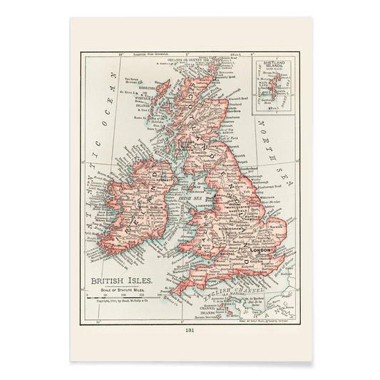 Vintage cartographic map of the British Isles from Universal Atlas of the World as detailed artwork poster, with black aluminium frame on white background