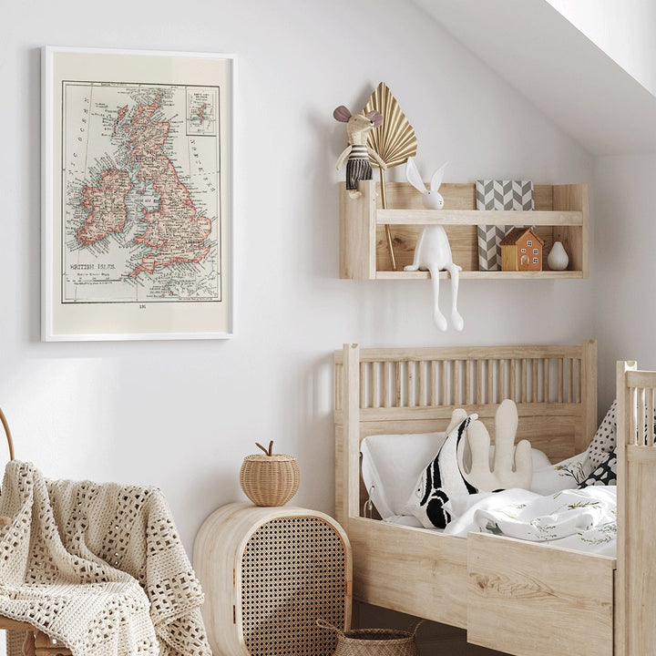 Vintage cartographic map of the British Isles from Universal Atlas of the World as detailed artwork poster, framed and displayed in home decor