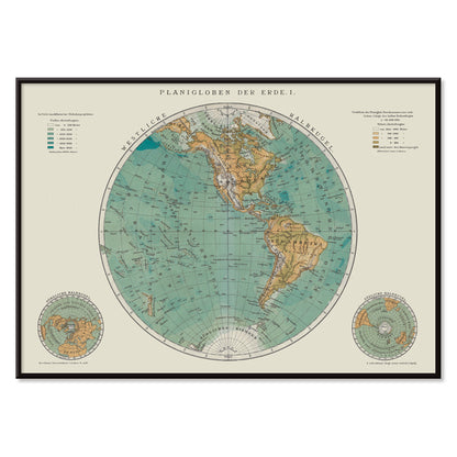 Vintage world map artwork and detailed continents poster Planiglobes of the Earth I by The Institute of Liepzig, with black aluminium frame on white background