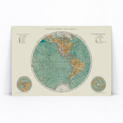 Vintage world map artwork and detailed continents poster Planiglobes of the Earth I by The Institute of Liepzig, framed and displayed in modern living room decor