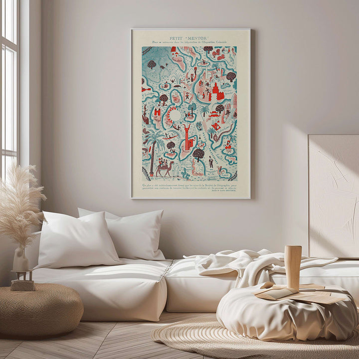 Colorful illustrated map poster Petit Mentor Carte de l exposition coloniale by Lucien Boucher featuring various regions and activities, framed and displayed in modern living room decor