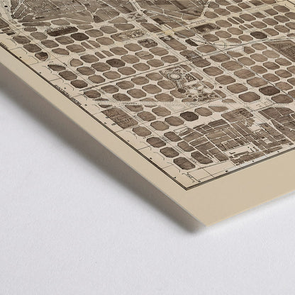 Closeup detail of Detailed vintage map of Barcelona poster artwork featuring a city map layout with illustrated streets and blocks