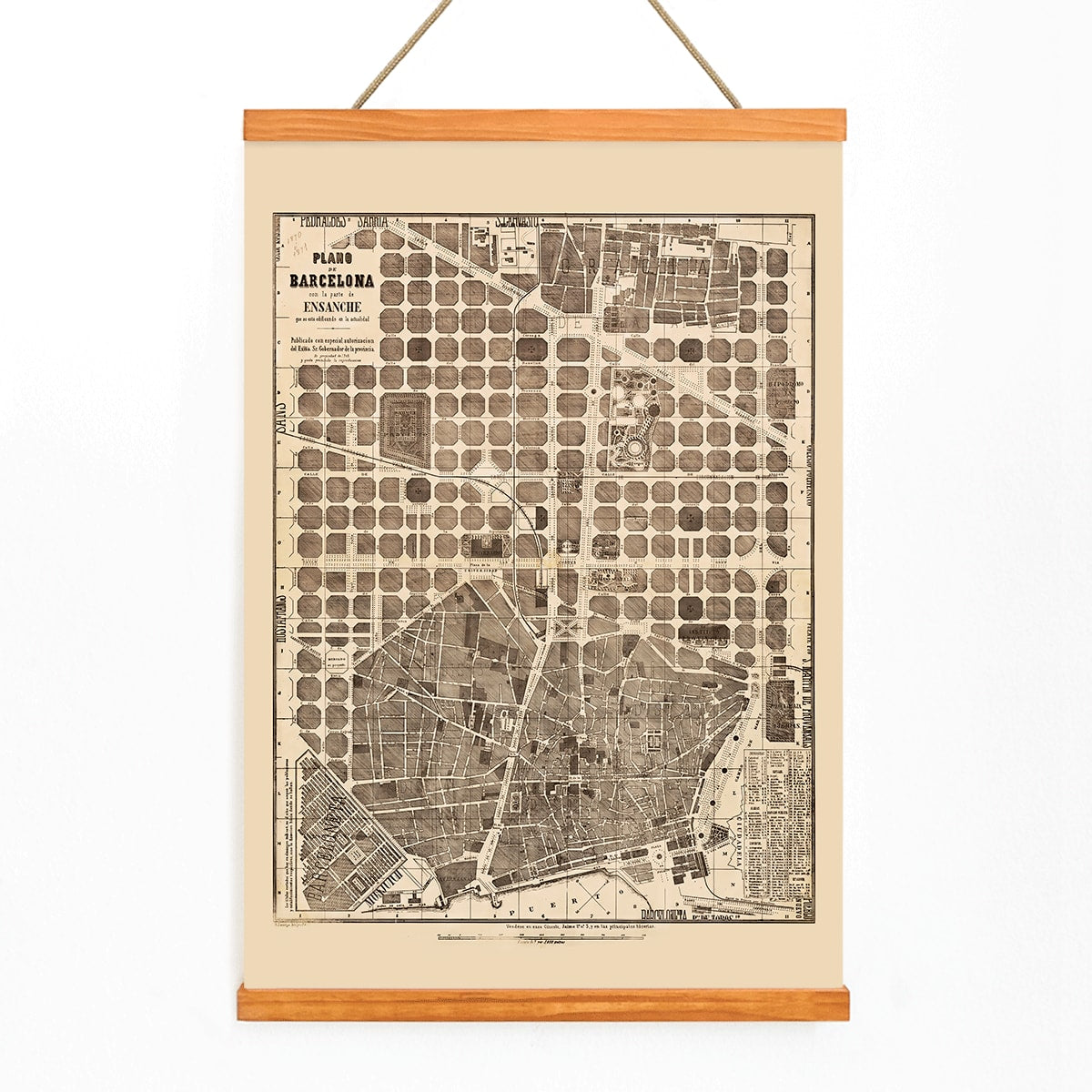 Detailed vintage map of Barcelona poster artwork featuring a city map layout with illustrated streets and blocks, with wooden magnetic frame on white background