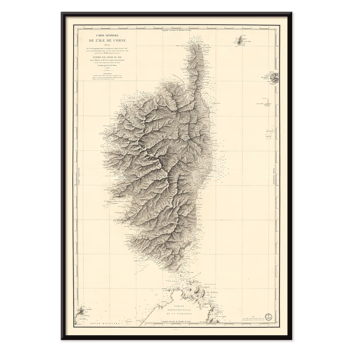 Antique map poster of Corsica Carte Generale De LIle De Corse by Depot General de la Marine detailed geographical wall art, with black aluminium frame on white background