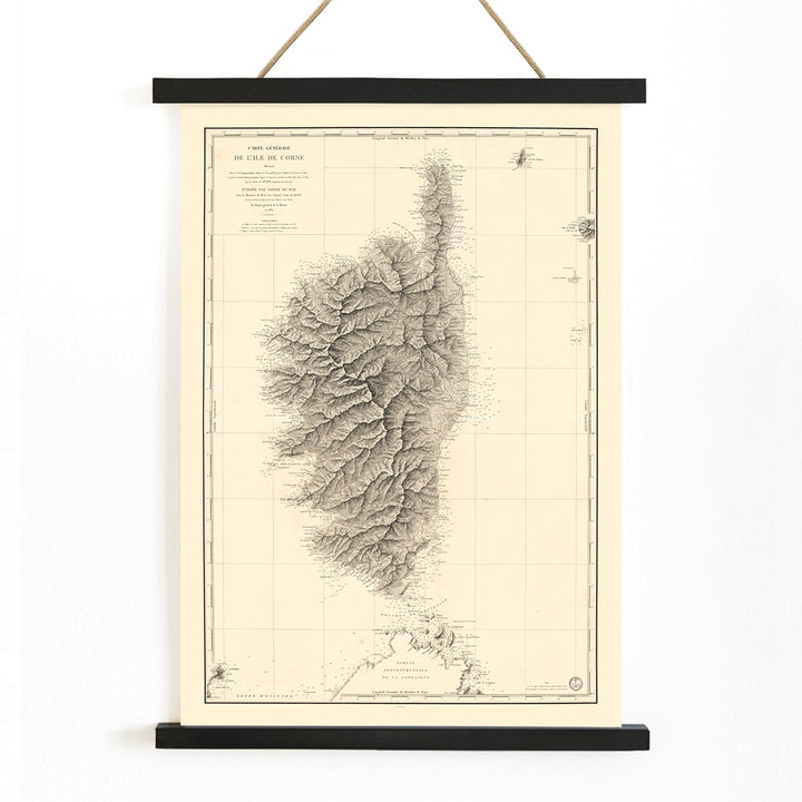 Antique map poster of Corsica Carte Generale De LIle De Corse by Depot General de la Marine detailed geographical wall art, with wooden magnetic frame on white background
