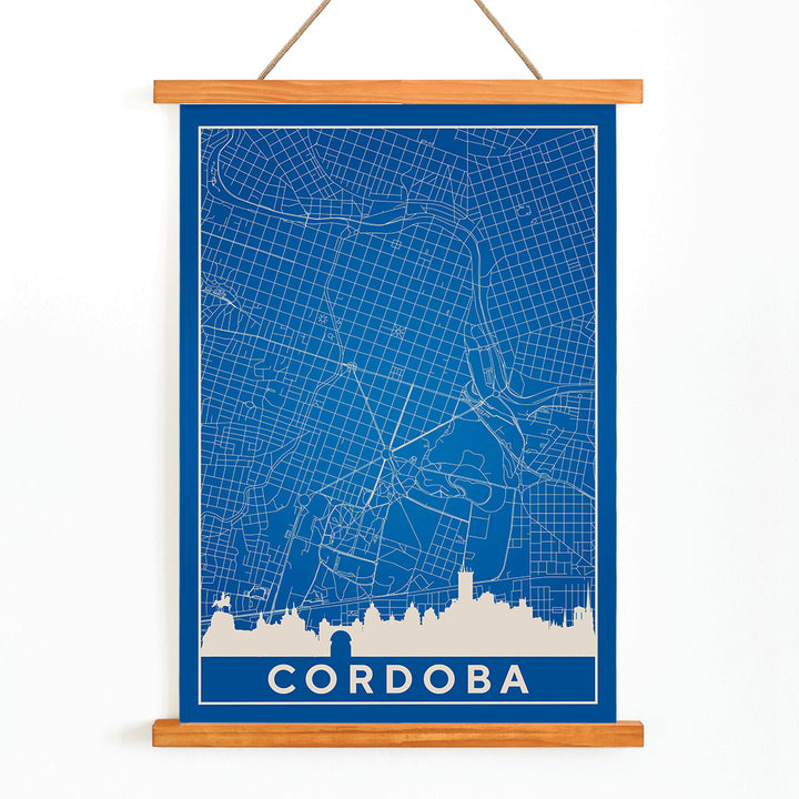 Cordoba Minimalist Map artwork and poster with blue and white grid design and city skyline silhouette, with wooden magnetic frame on white background