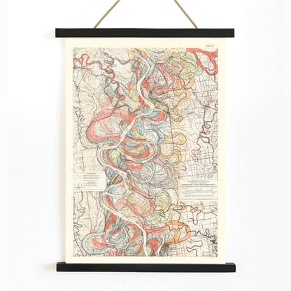 Colorful topographic map poster of the Mississippi River by Harold Fisk titled Ancient Courses of the Mississippi River showing historic colorful swirls and paths, with wooden magnetic frame on white background