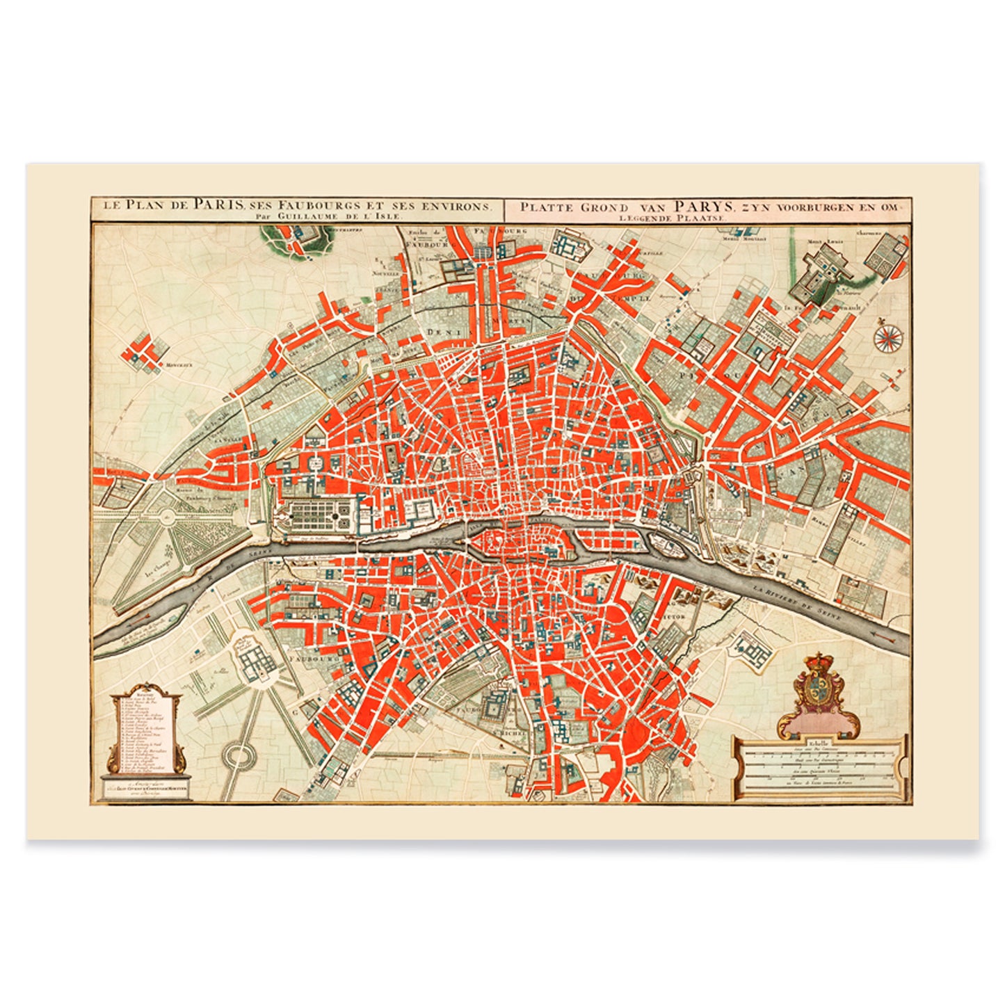 Ancient map of Paris by Guillaume Delisle detailed city layout illustration and poster artwork with red highlights, with black aluminium frame on white background