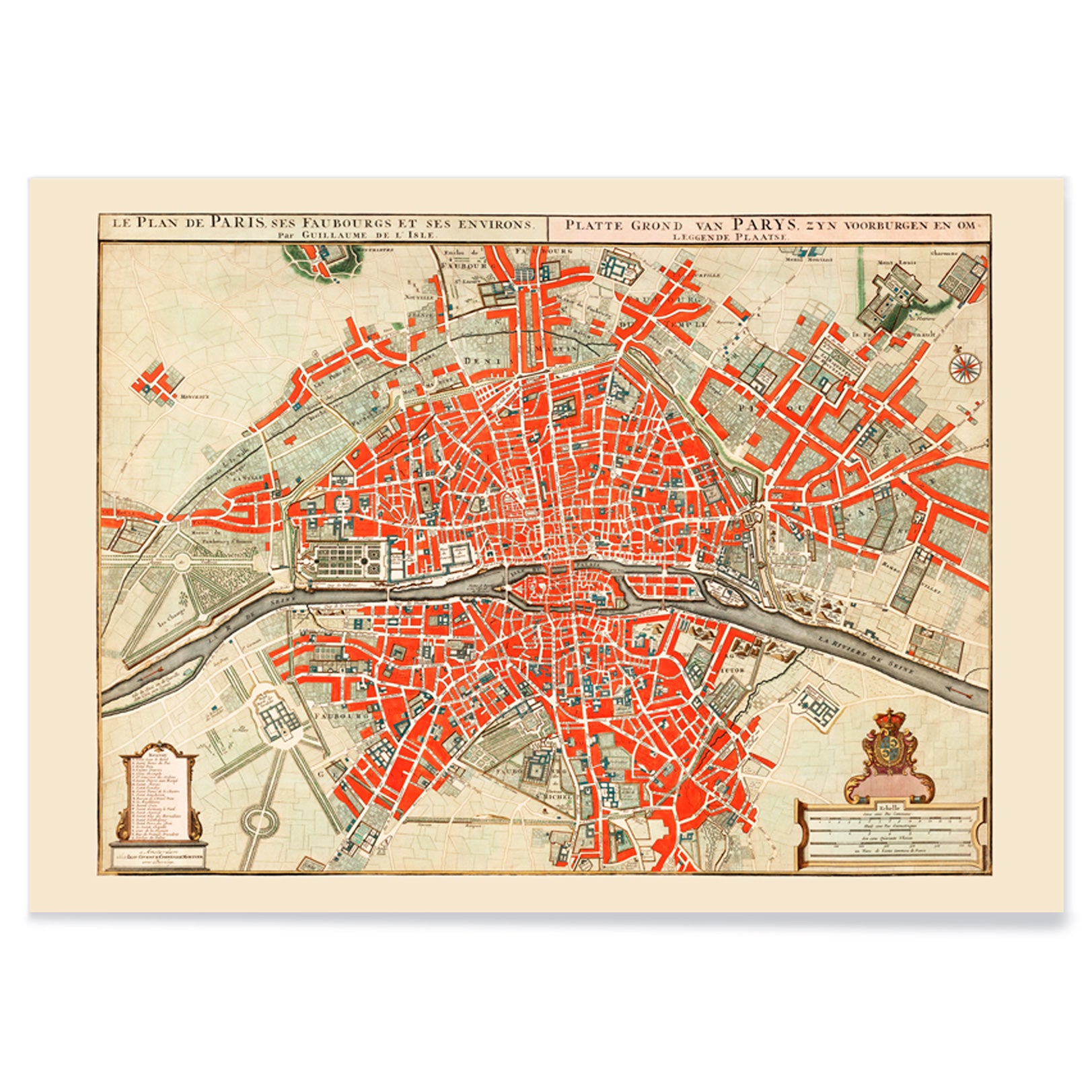 Ancient map of Paris by Guillaume Delisle detailed city layout illustration and poster artwork with red highlights, with black aluminium frame on white background