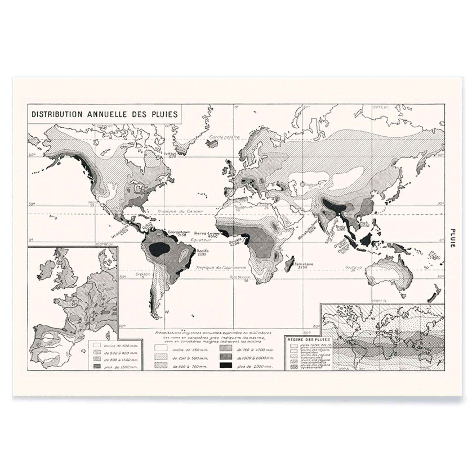 Black and white world map poster illustrating annual rainfall distribution patterns wall art, with black aluminium frame on white background