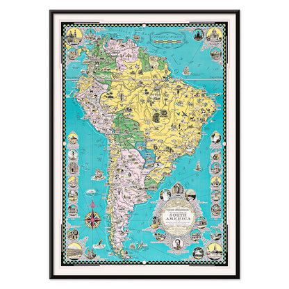 Colorful illustrated map poster of South America by Ernest Dudley Chase titled The Good Neighbor of South America, with black aluminium frame on white background