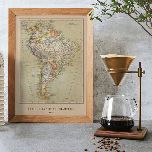 Vintage map of South America by Institute of Liepzig German antique map Brasil detailed geographic features artwork poster, framed and displayed in home decor
