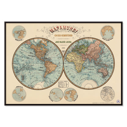 Vintage world map Mapamundi by Paluzie Lucena Josep showing two hemispheres with detailed geography and geographic features poster, with black aluminium frame on white background