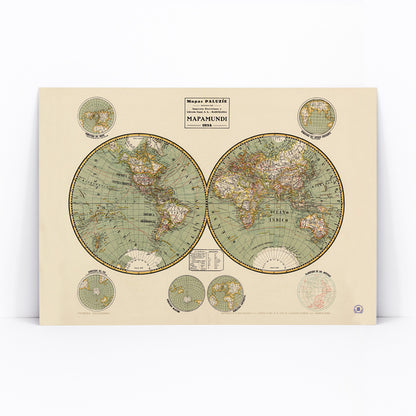 Vintage world map Mapamundi 2 by Paluzie Lucena Josep with detailed continents and country borders illustration poster, framed and displayed in modern living room decor