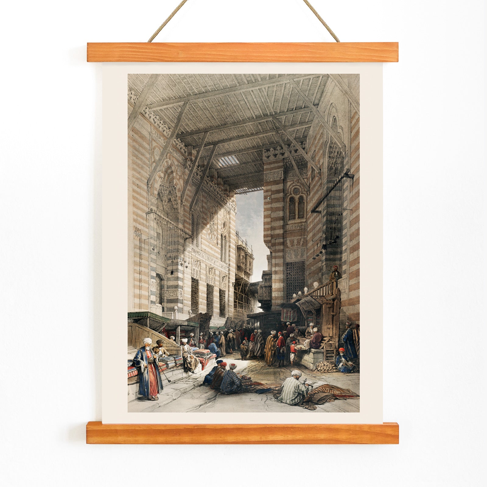 Bustling silk bazaar scene in Cairo with merchants and textiles artwork Bazaar of the silk mercers by David Roberts, with wooden magnetic frame on white background