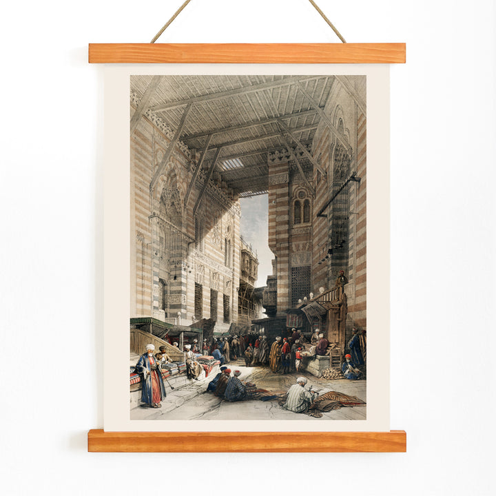 Bustling silk bazaar scene in Cairo with merchants and textiles artwork Bazaar of the silk mercers by David Roberts, with wooden magnetic frame on white background