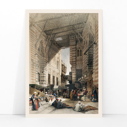 Bustling silk bazaar scene in Cairo with merchants and textiles artwork Bazaar of the silk mercers by David Roberts, framed and displayed in modern living room decor