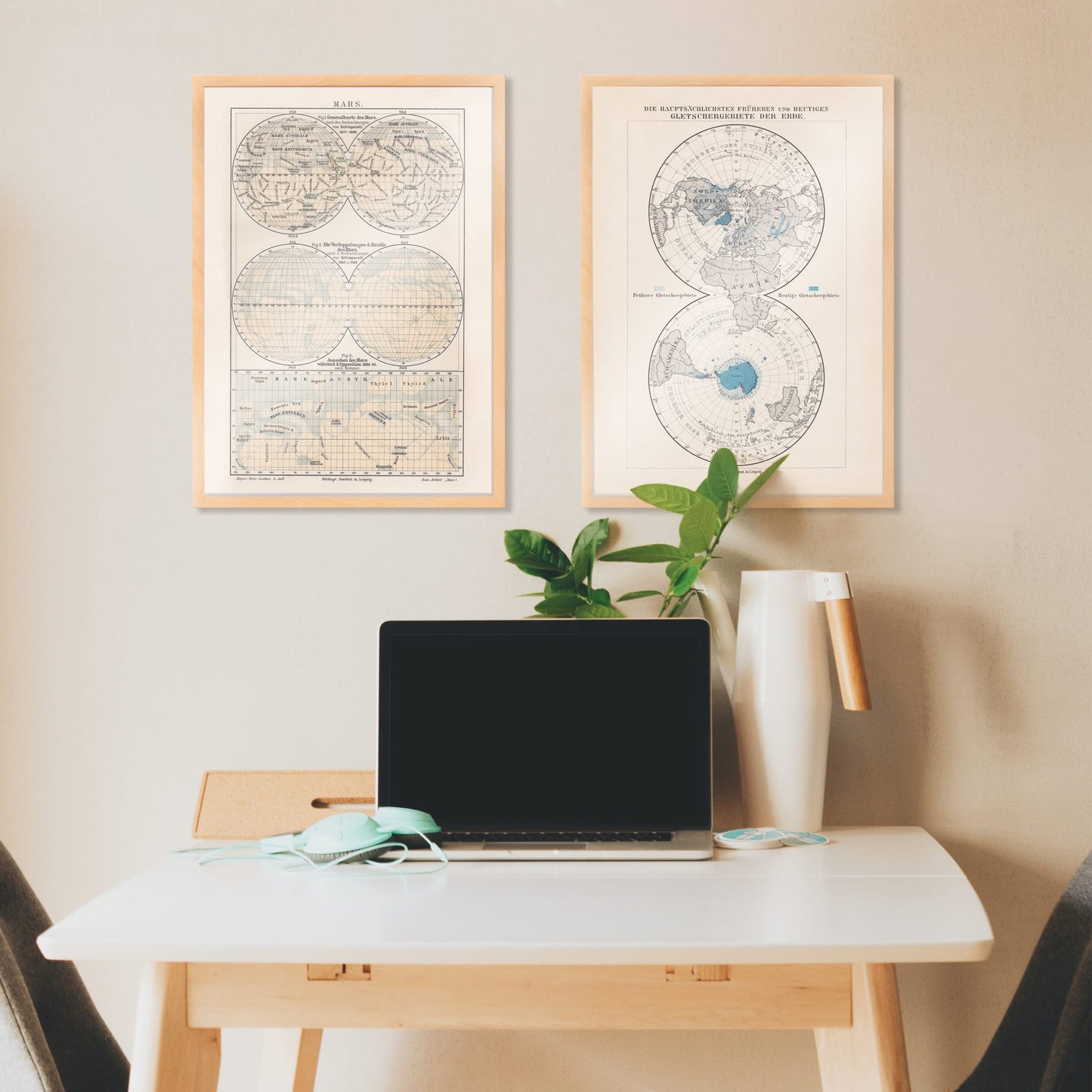 Vintage map of Mars illustration and scientific reference poster by Bibliographic institute of Liepzig, framed and displayed in home decor