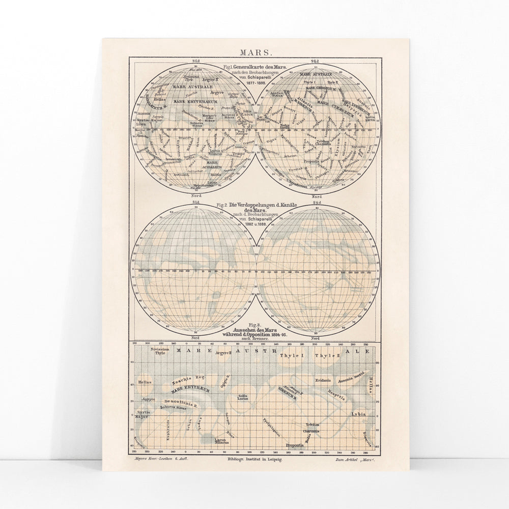 Vintage map of Mars illustration and scientific reference poster by Bibliographic institute of Liepzig, framed and displayed in modern living room decor