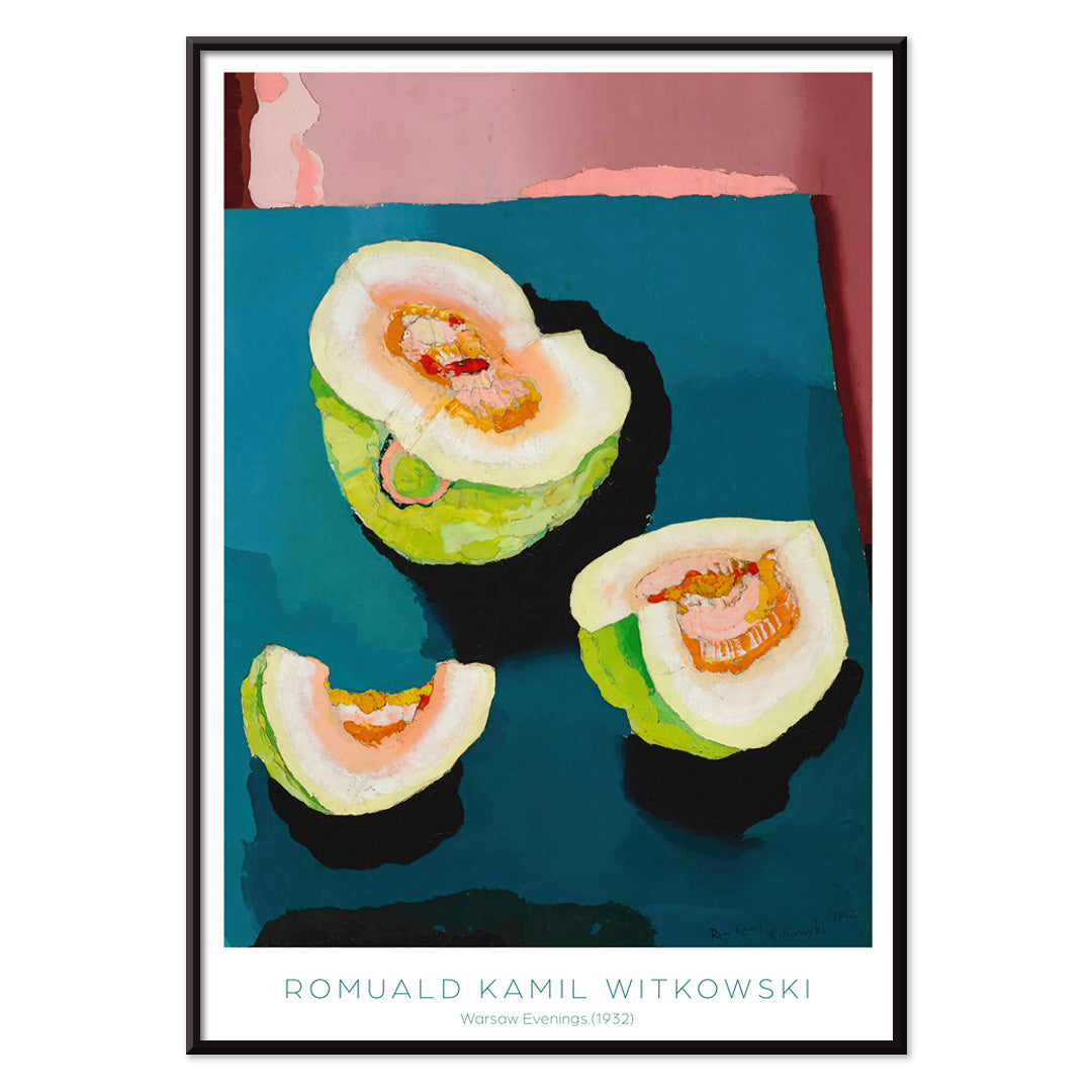 Colorful abstract fruit and sliced melons on a blue table by Romuald Kamil Witkowski Warsaw Evenings Plac Zamkowy poster, with black aluminium frame on white background