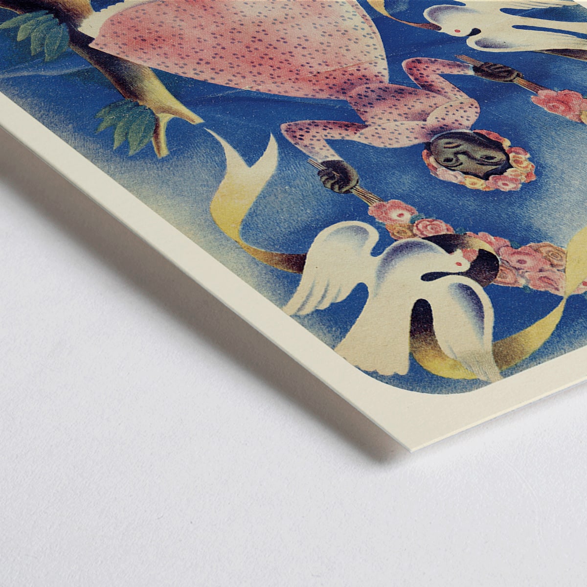 Closeup detail of Mexican Art and Life cover and poster by Diego Rivera featuring a girl in a pink dress with floral crown and two white doves