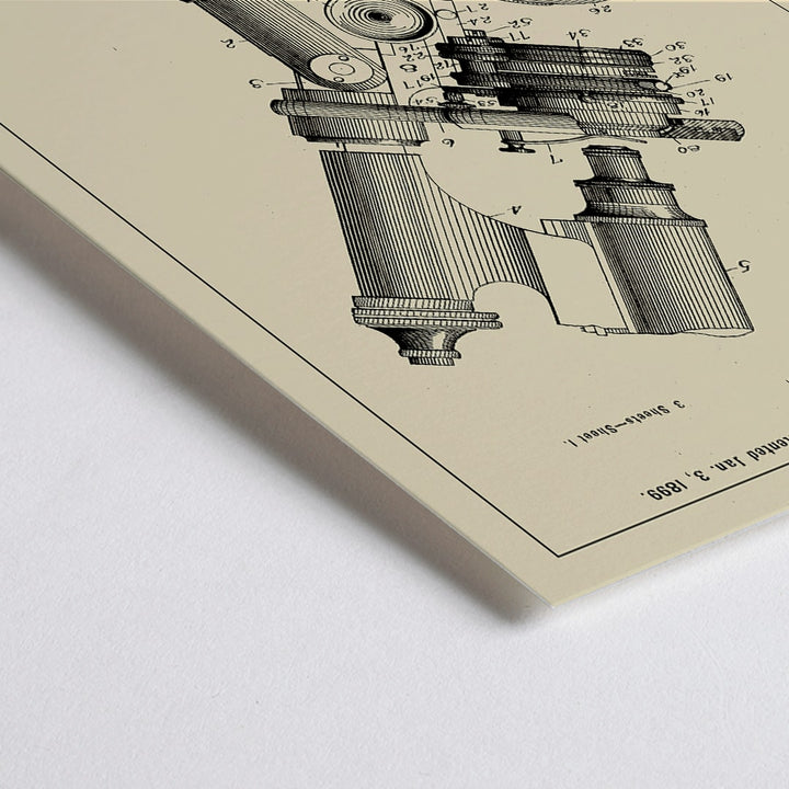 Closeup detail of Detailed illustration and poster of microscope patent by E Bausch featuring detailed drawing titled Microscope Patent