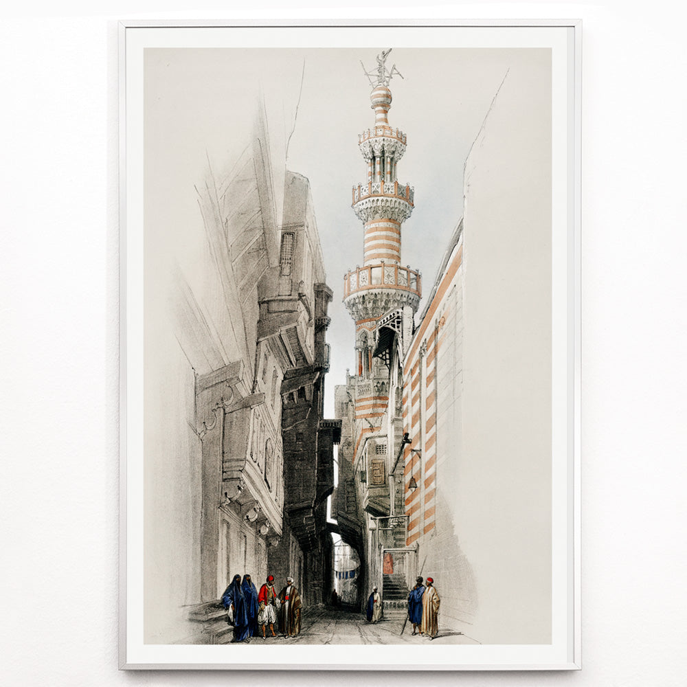Closeup detail of Minaret of the mosque The Rhamree with people in traditional attire street view and poster artwork by David Roberts