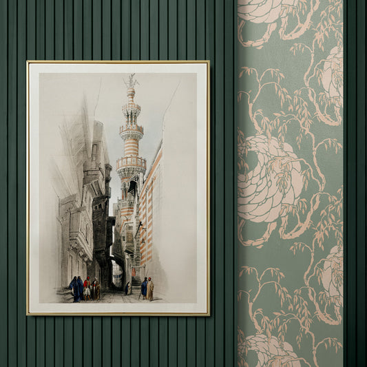 Minaret of the mosque The Rhamree with people in traditional attire street view and poster artwork by David Roberts, framed and displayed in home decor