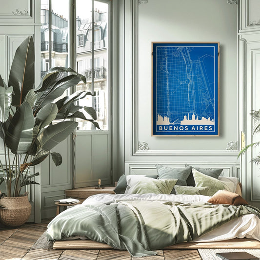 Minimalist Buenos Aires Map wall art poster featuring city streets and landmarks by Minimalist artist, framed and displayed in home decor