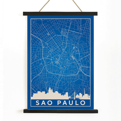 Minimalist blue map of Sao Paulo city with white street lines and skyline by artist Anonymous titled Minimalist Sao Paulo Map, with wooden magnetic frame on white background
