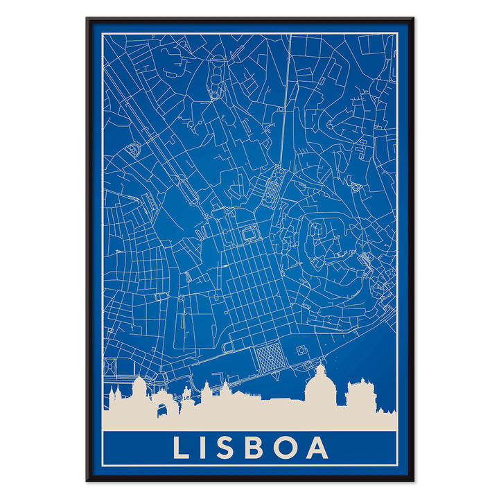 Minimalist Lisbon Map artwork in blue and white showing city map skyline and landmarks silhouette poster, with black aluminium frame on white background
