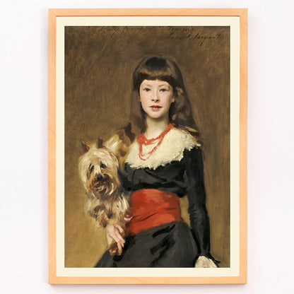 Miss Beatrice Townsend by John Singer Sargent young girl with a dog in elegant attire and red sash painting poster, framed and displayed in modern living room decor