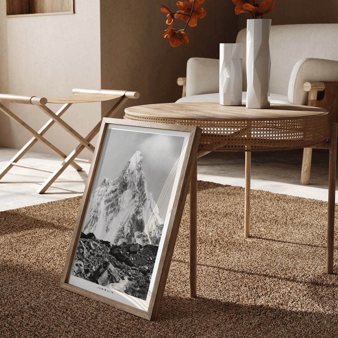 Mitre Peak surrounded by rocky terrain and snowy peak seen from Baltoro Glacier by Vittorio Sella, framed and displayed in home decor